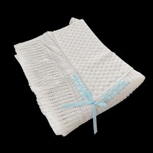 Julius Berger Baby Christening Blanket White Acrylic Lace Blue Ribbon USA 40x40